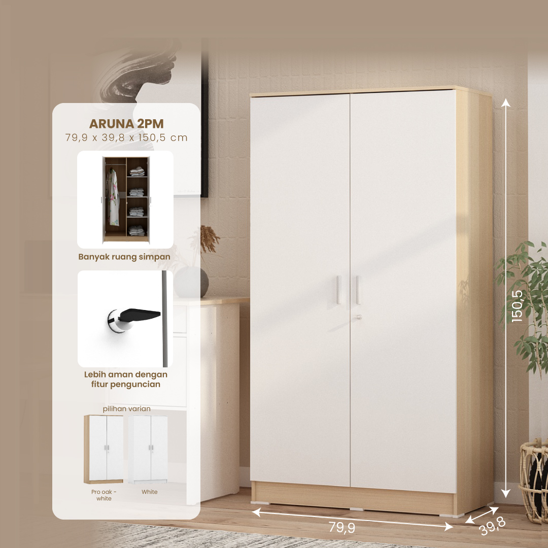 PIRA METROPOLIS OX -  ARUNA 2PM LEMARI PAKAIAN MEDIUM 2 PINTU warna PRO OAK - WHITE - PIRA METROPOLIS OX - foto 1