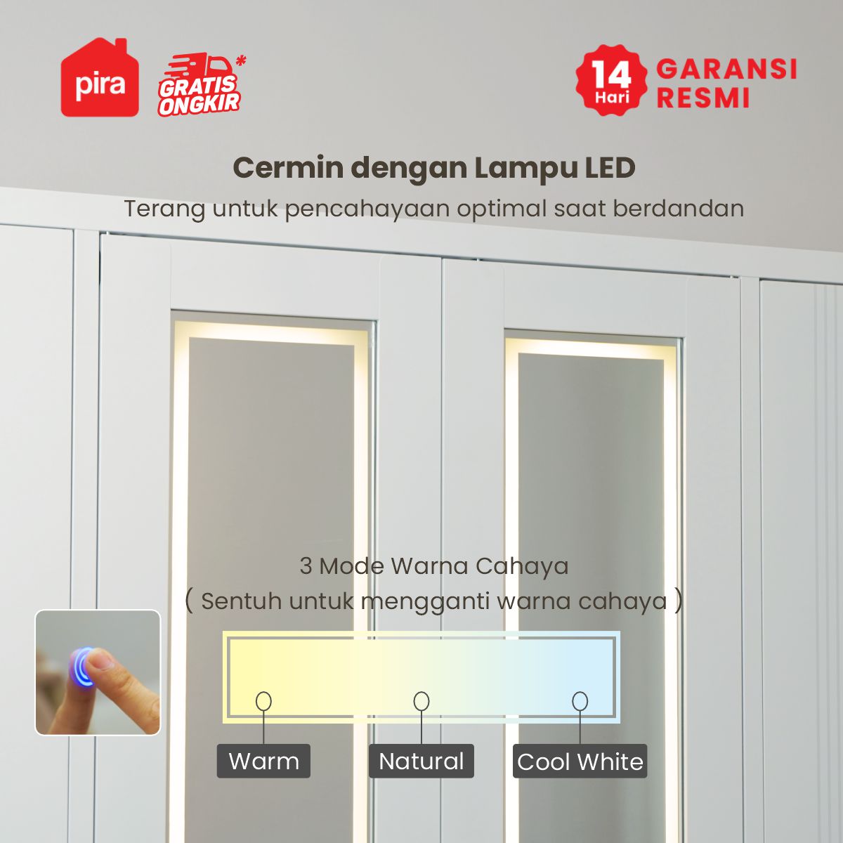 PIRA - LINIO 4P 2DR MWD LEMARI PAKAIAN BESI 4 PINTU DENGAN CERMIN LED DAN 2 LACI warna WHITE - LIGHT GREY - PIRA - foto 3