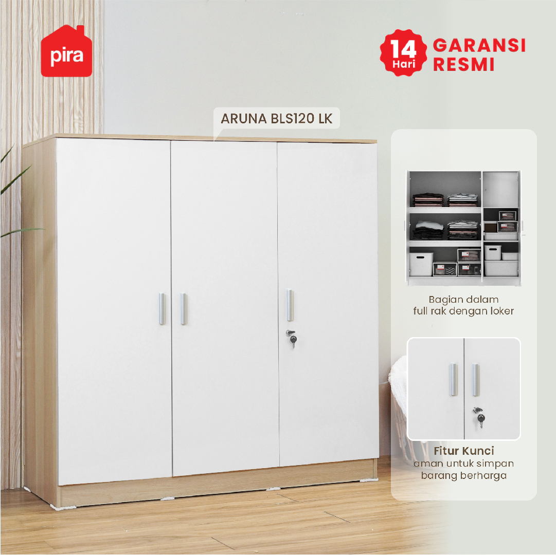 PIRA METROPOLIS OX - ARUNA BLS120 LK LEMARI PAKAIAN 3 PINTU FULL RAK DENGAN LOKER PENYIMPANAN warna PRO OAK - WHITE - PIRA METROPOLIS OX - foto 4