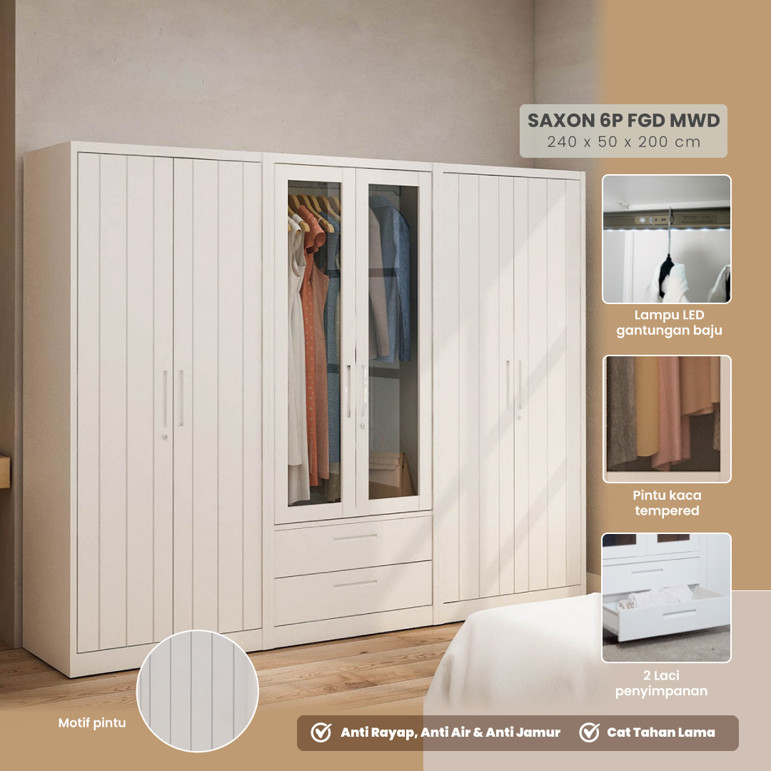 PIRA - SAXON 6P FGD MWD LEMARI PAKAIAN BESI 6 PINTU DENGAN LACI DAN LED warna WHITE - PIRA - foto 1