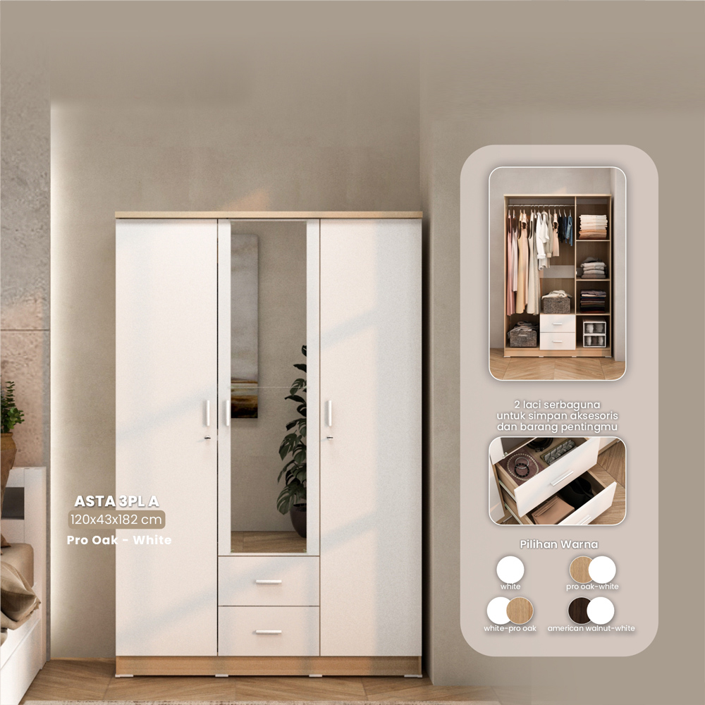 PIRA METROPOLIS OX - ASTA 3PL A LEMARI PAKAIAN 3 PINTU warna PRO OAK - WHITE - PIRA METROPOLIS - foto 1