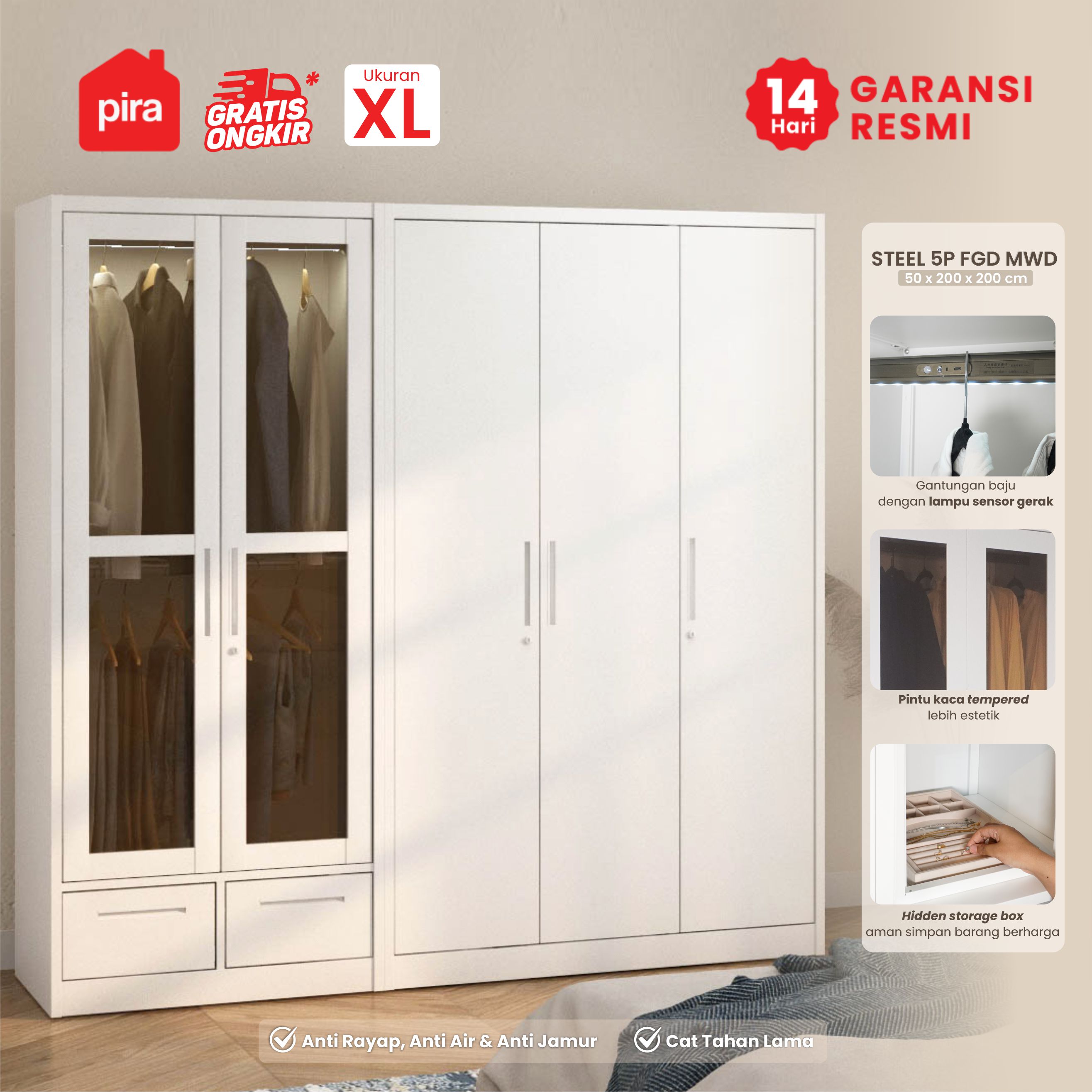 PIRA - STEEL 5P FGD MWD LEMARI PAKAIAN BESI 5 PINTU DENGAN LACI DAN LED warna WHITE - PIRA - foto 1