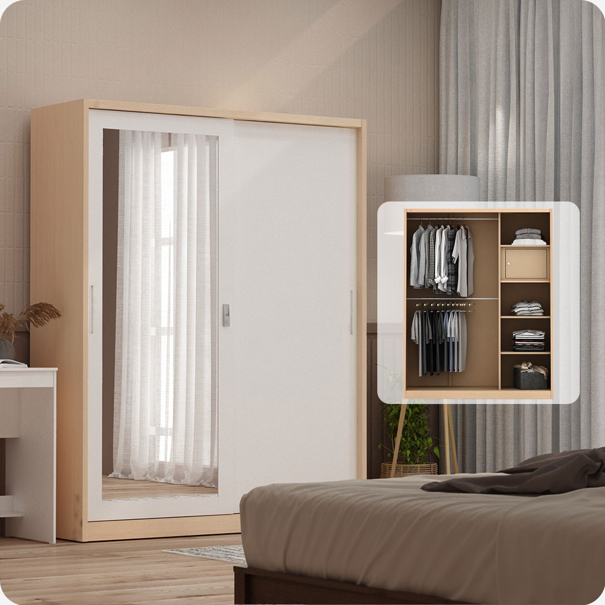 PIRA - ASHTON A 150A N MWDSL LEMARI PAKAIAN BESI SLIDING / GESER MOTIF KAYU warna LIGHT ASH - WHITE - PIRA - foto 1