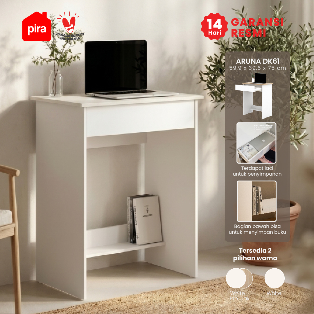PIRA METROPOLIS OX - ARUNA DK61 MEJA BELAJAR / MEJA KOMPUTER DENGAN LACI warna WHITE - PIRA METROPOLIS OX - foto 1