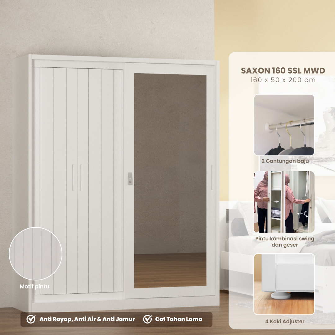 PIRA -  SAXON 160 SSL MWD LEMARI PAKAIAN BESI SLIDING / PINTU GESER warna WHITE - PIRA - foto 1