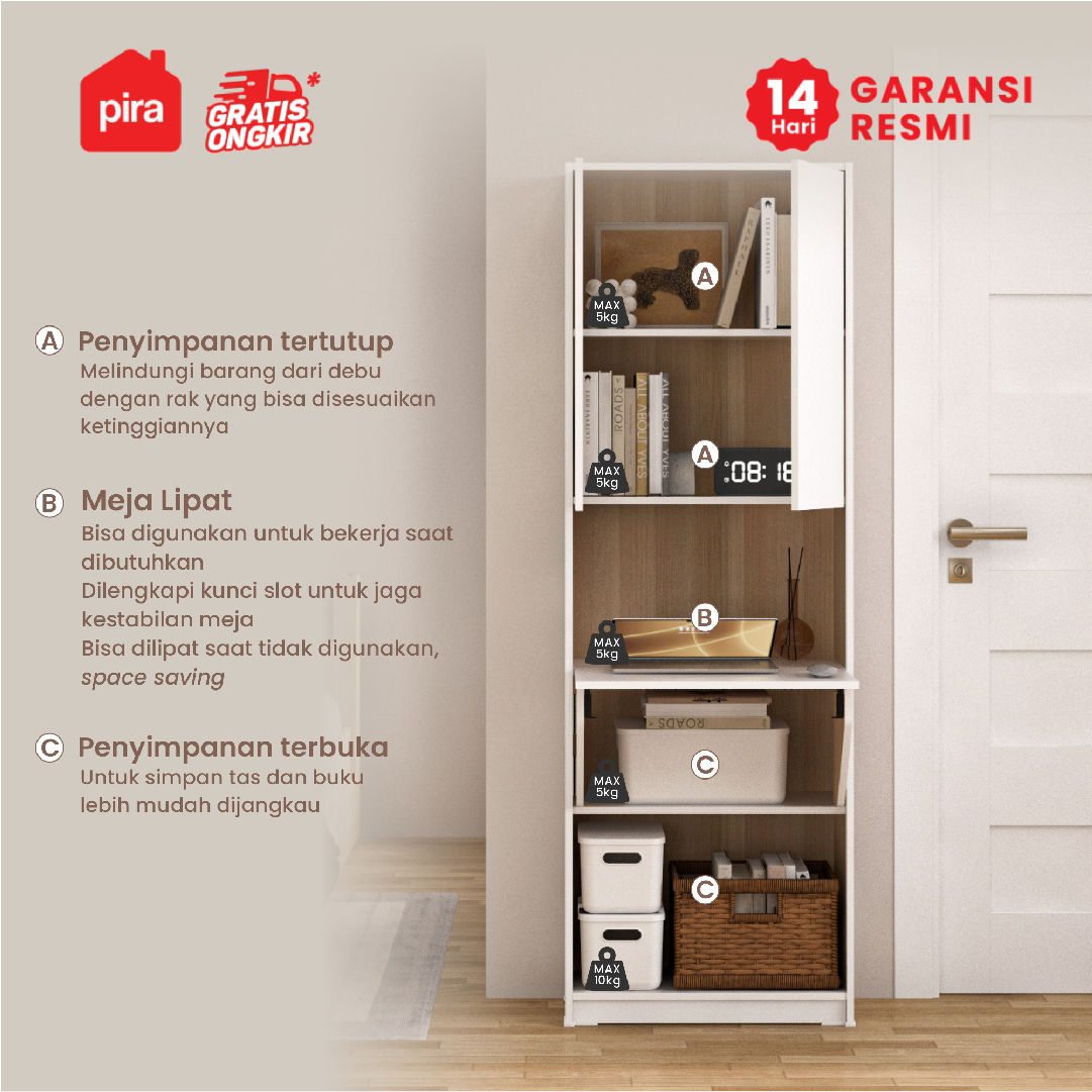 PIRA WORK - ROYCE AVA DK60 MEJA BELAJAR / MEJA KERJA LIPAT / RAK BUKU warna WHITE SM - PRO OAK - PIRA - foto 2