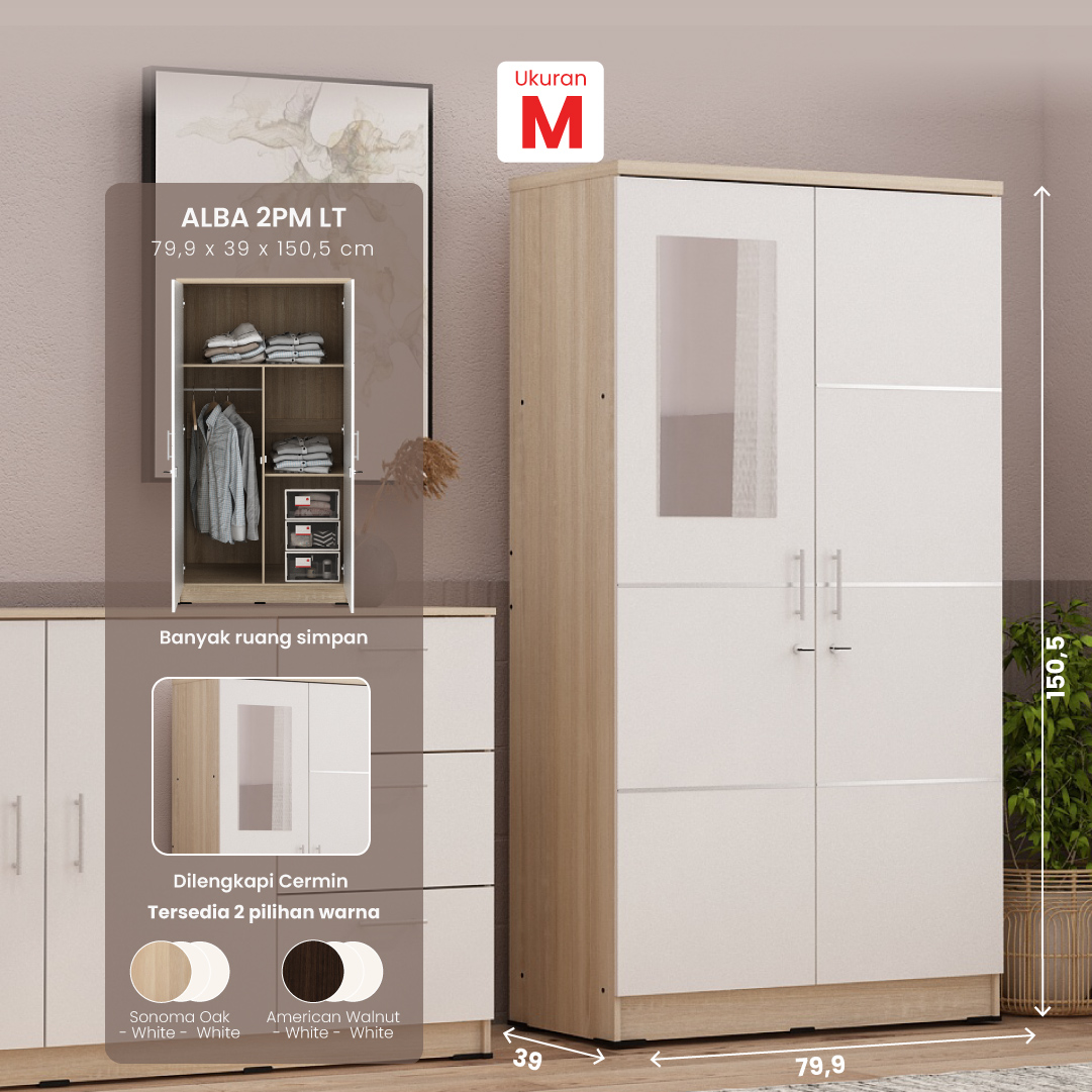 PIRA METROPOLIS - ALBA 2PM LT LEMARI PAKAIAN MEDIUM 2 PINTU warna SONOMA OAK - WHITE - WHITE - METROPOLIS - foto 1