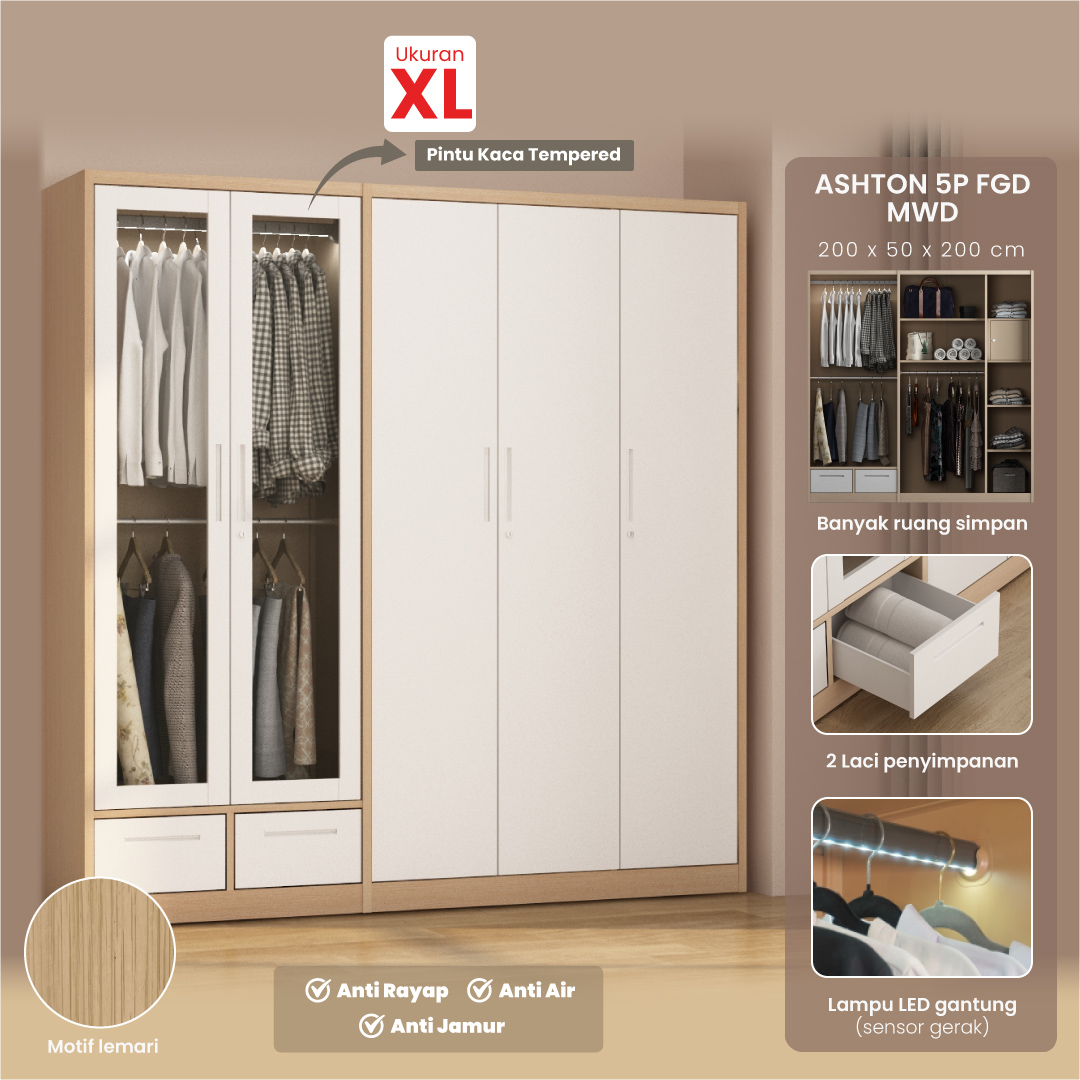 PIRA - ASHTON 5P FGD MWD LEMARI PAKAIAN BESI 5 PINTU DENGAN LACI DAN LED warna LIGHT ASH - WHITE - PIRA - foto 1