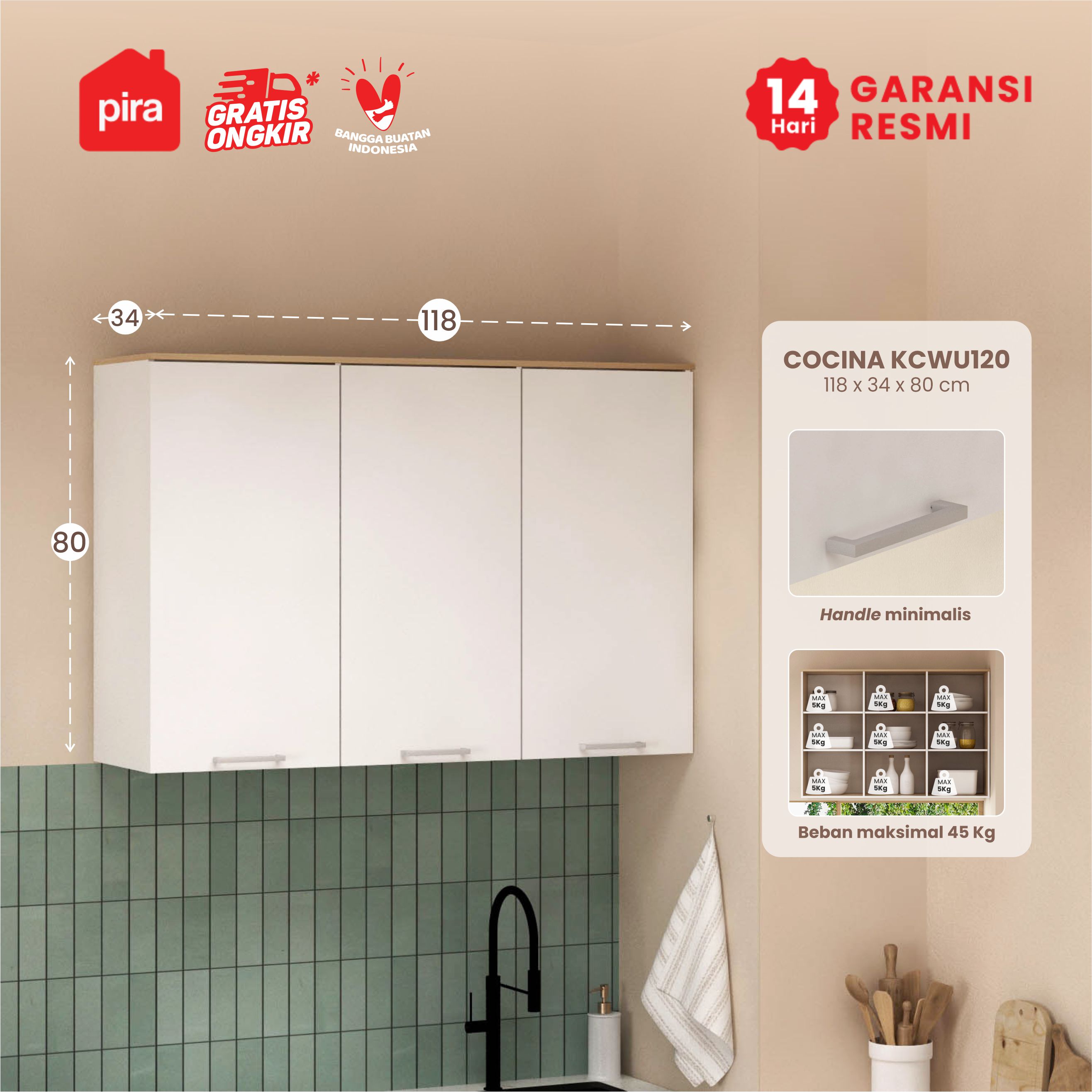 PIRA METROPOLIS - COCINA KCWU120 RAK DAPUR / RAK GANTUNG DAPUR / KITCHEN SET ATAS DENGAN RAK BUMBU warna WHITE - PRO OAK - PIRA METROPOLIS - foto 1