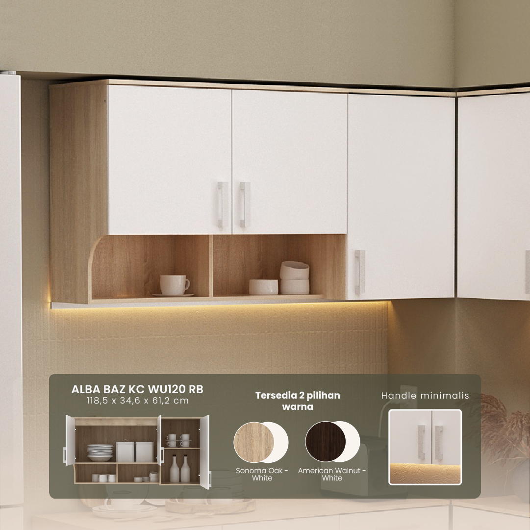 PIRA METROPOLIS - ALBA BAZ KC WU120 RB RAK DAPUR GANTUNG / RAK DINDING 3 PINTU DENGAN RAK BUMBU warna SONOMA OAK - WHITE - METROPOLIS - foto 1