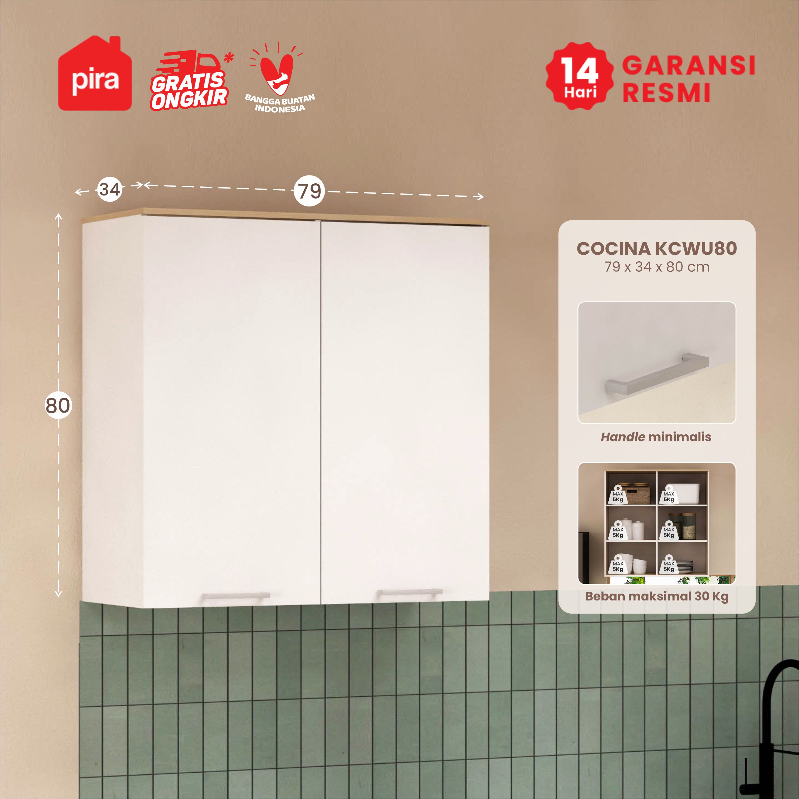 PIRA METROPOLIS - COCINA KCWU80 RAK DAPUR / RAK GANTUNG DAPUR / KITCHEN SET ATAS DENGAN RAK BUMBU warna WHITE - PRO OAK - PIRA METROPOLIS - foto 1