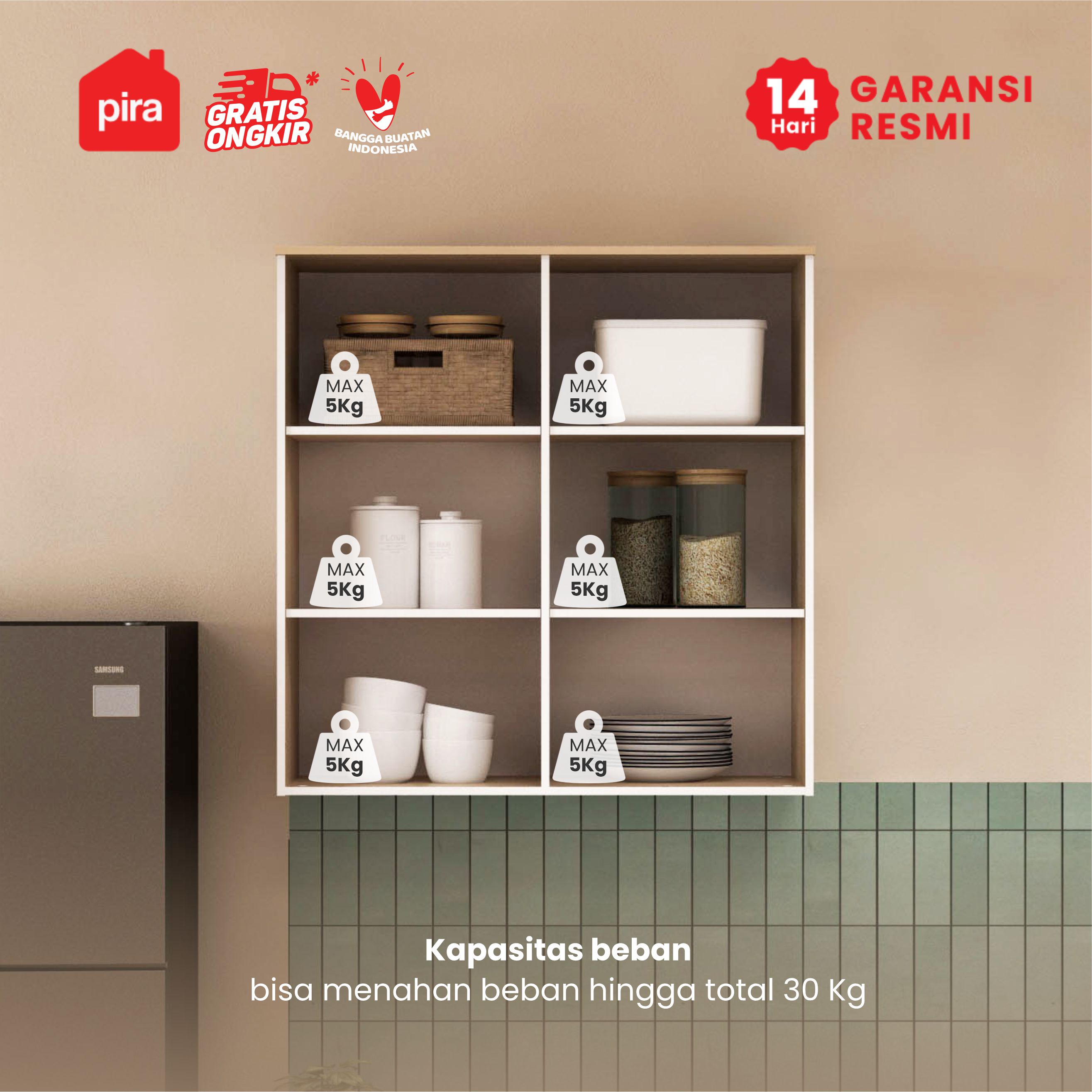 PIRA METROPOLIS - COCINA KCWU80 RAK DAPUR / RAK GANTUNG DAPUR / KITCHEN SET ATAS DENGAN RAK BUMBU warna WHITE - PRO OAK - PIRA METROPOLIS - foto 2