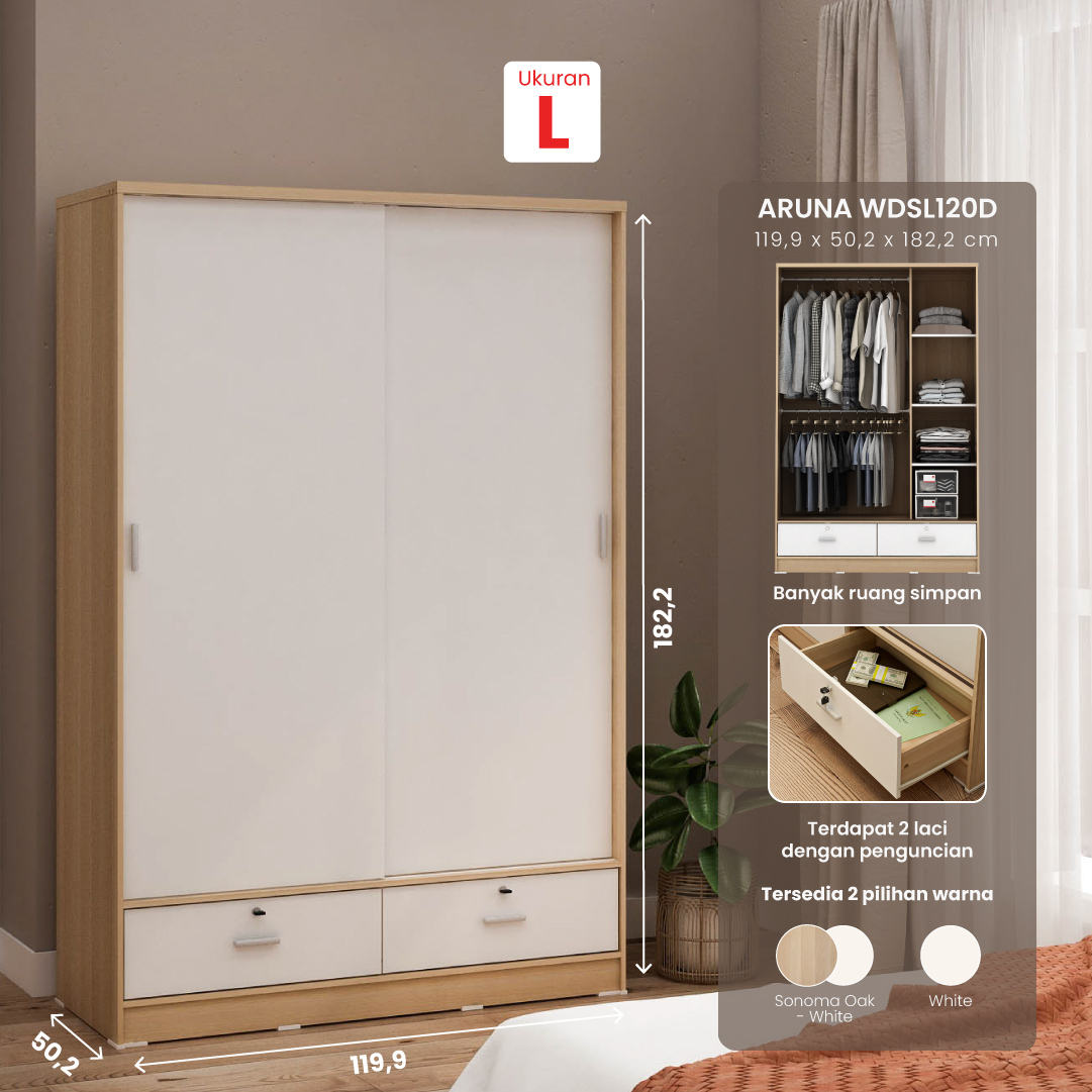 PIRA METROPOLIS OX -  ARUNA WDSL120D LEMARI PAKAIAN PINTU GESER / LEMARI SLIDING DENGAN LACI warna PRO OAK - WHITE - PIRA METROPOLIS OX - foto 1