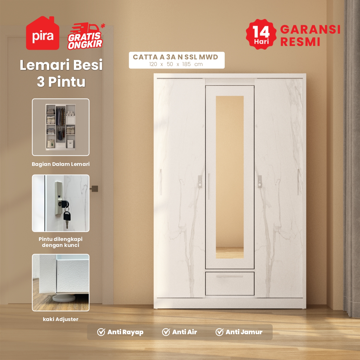 PIRA - CATTA A 3A SSL MWD LEMARI PAKAIAN BESI 3 PINTU warna WHITE - PIRA - foto 3