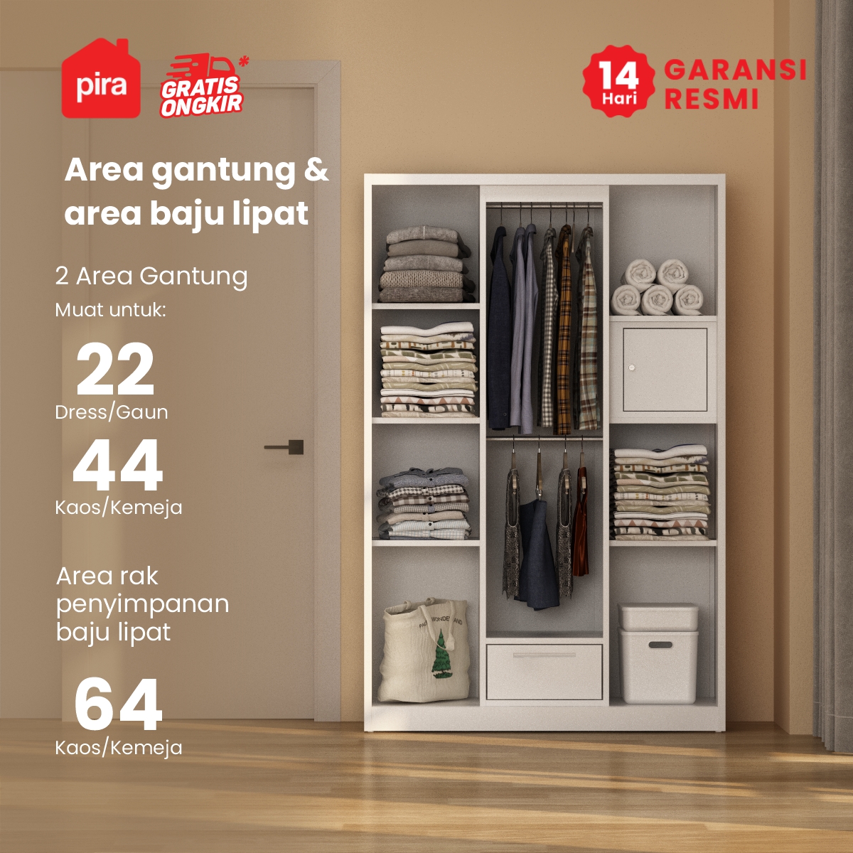 PIRA - CATTA A 3A SSL MWD LEMARI PAKAIAN BESI 3 PINTU warna WHITE - PIRA - foto 4