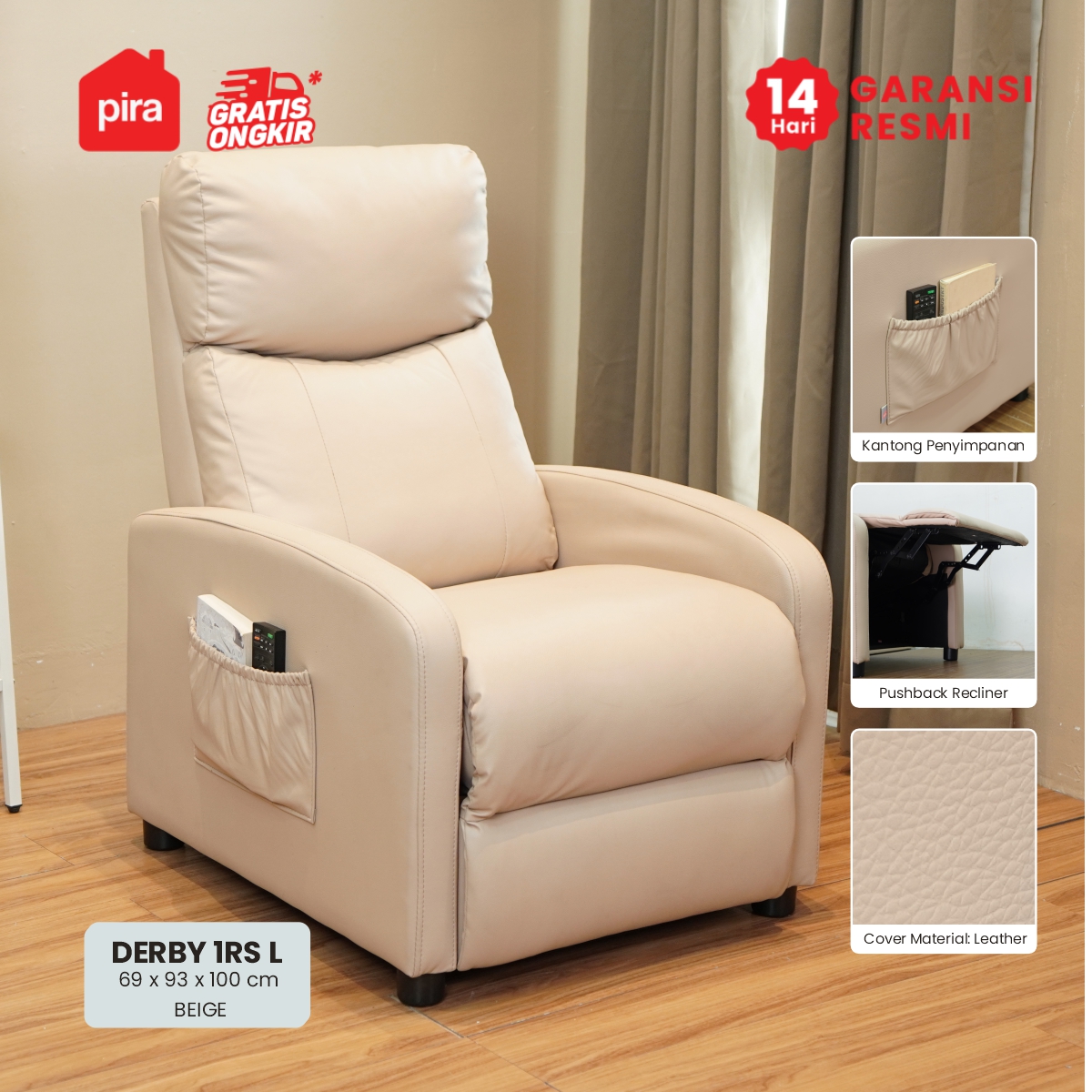 PIRA - DERBY 1 RS L SOFA / SOFA RECLINER / PUSH BACK RECLINER SOFA 1 SEATER warna BEIGE - PIRA - foto 1