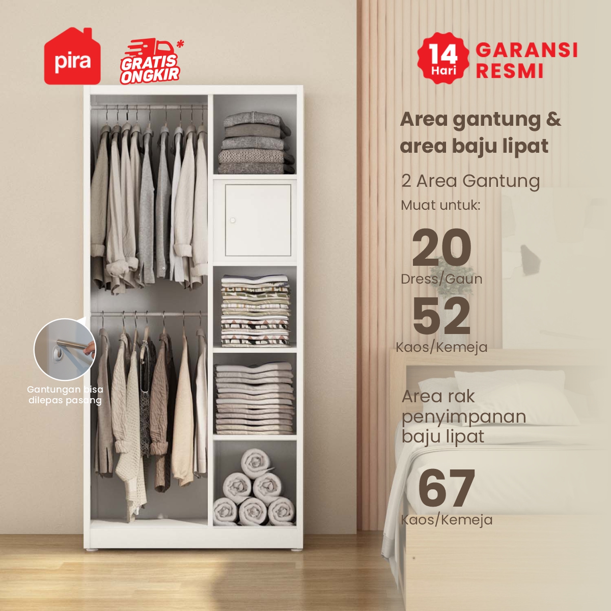 PIRA BAVARIAN -  SAXON AVA 90 MWDSL LEMARI PAKAIAN BESI SLIDING / PINTU GESER warna WHITE - PIRA - foto 2