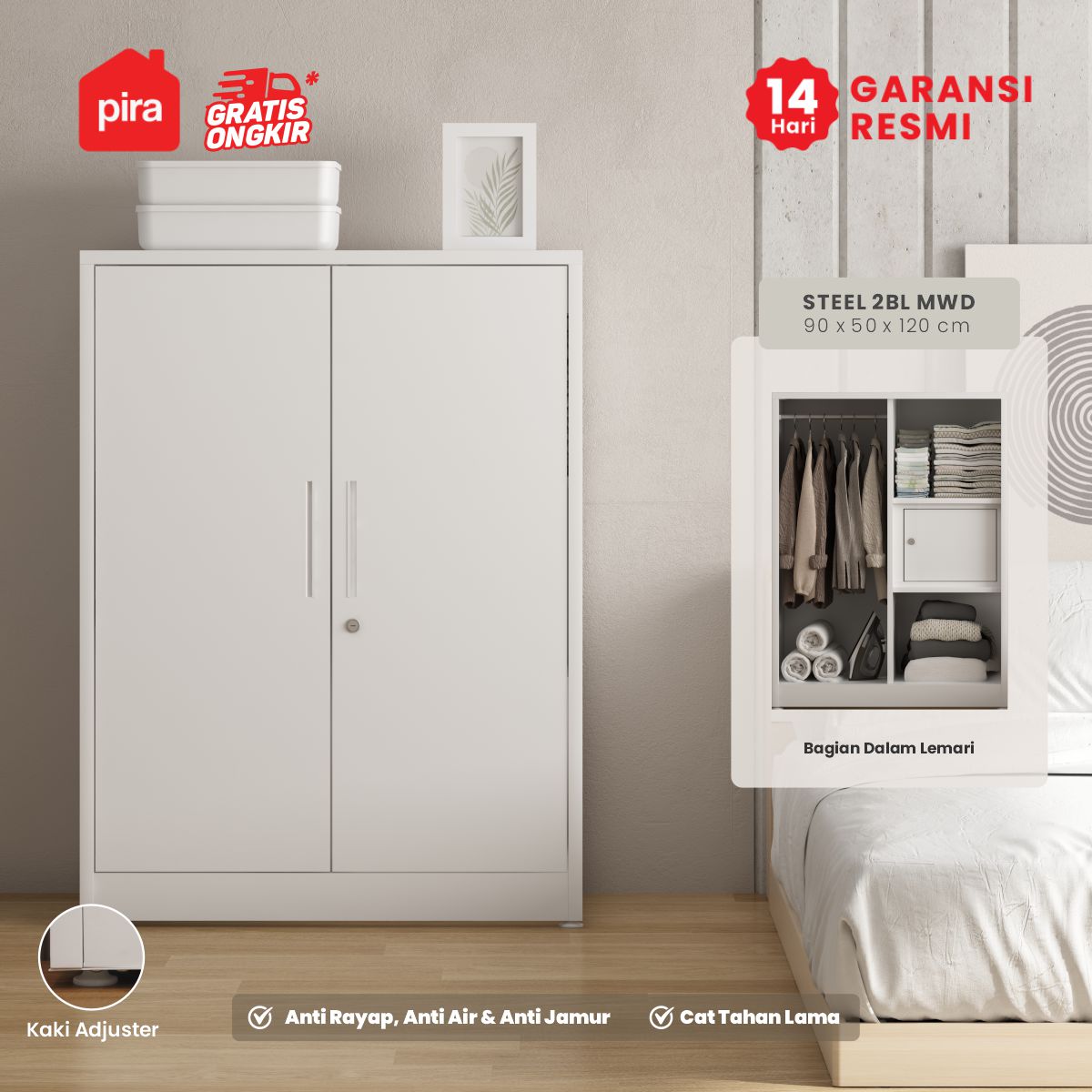 PIRA - STEEL 2BL MWD LEMARI PAKAIAN BESI 2 PINTU / LEMARI PAKAIAN ANAK warna WHITE - PIRA - foto 2