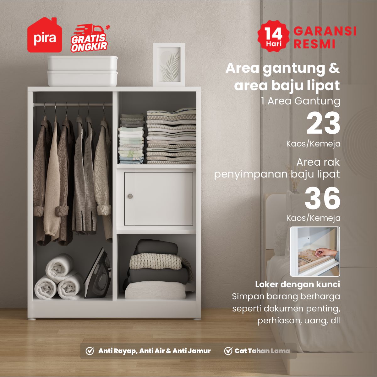 PIRA - STEEL 2BL MWD LEMARI PAKAIAN BESI 2 PINTU / LEMARI PAKAIAN ANAK warna WHITE - PIRA - foto 3