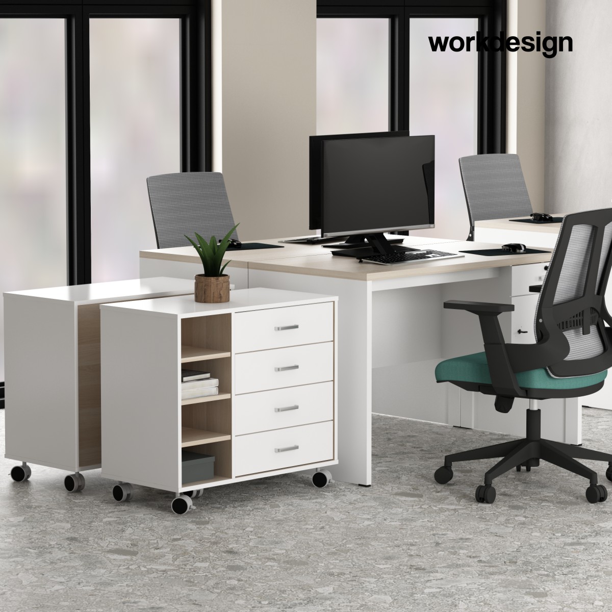 WORKDESIGN CODA PD80 PEDESTAL / LEMARI LACI / LEMARI ARSIP KANTOR warna WHITE SM - PRO OAK - WORKDESIGN - foto 1