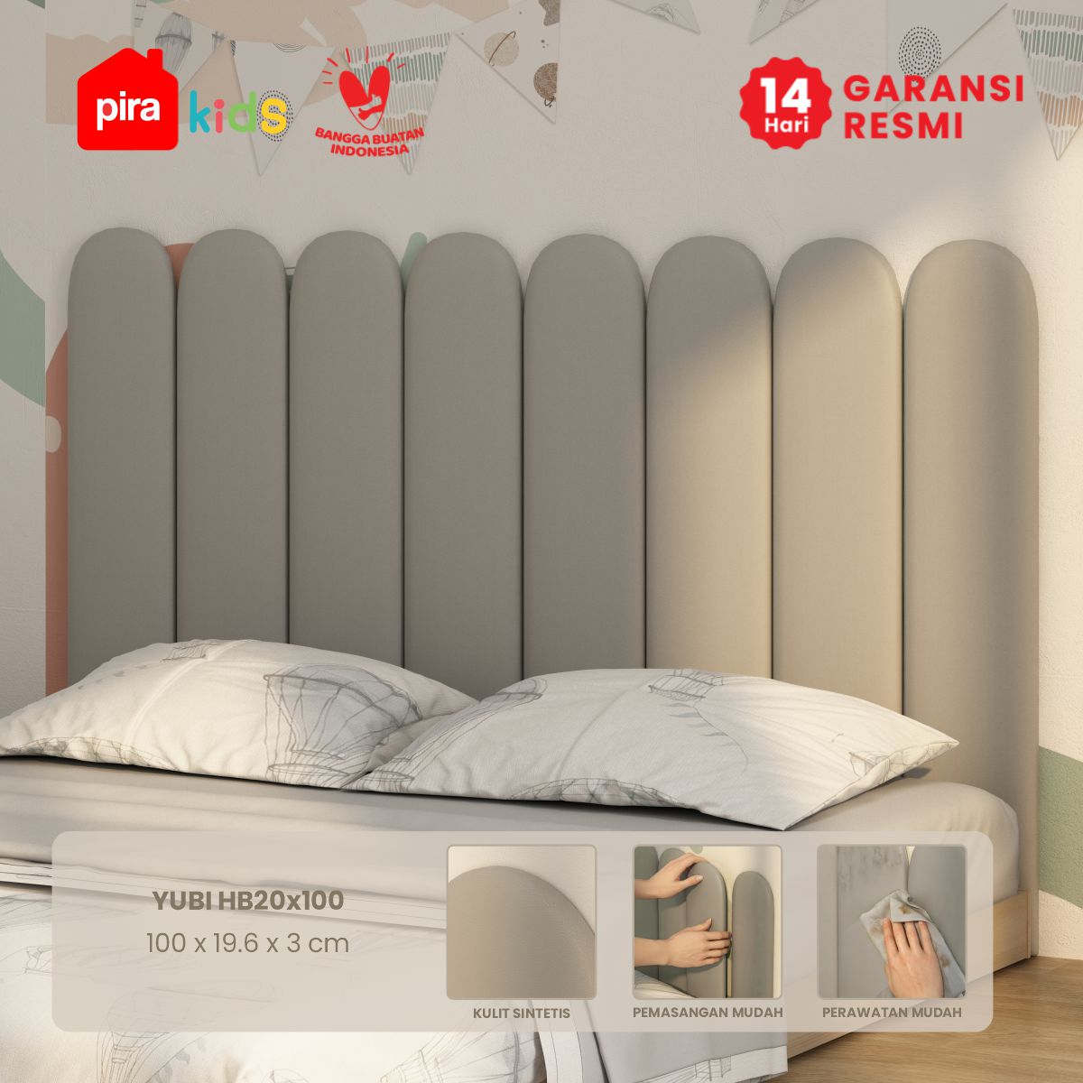 PIRA KIDS - YUBI HB20X100 HEADBOARD KASUR / WALL PANEL 3D / WALLPAPER FOAM 3D / SANDARAN BERMAIN ANAK 1 PCS warna LIGHT GREY - PIRA KIDS - foto 1