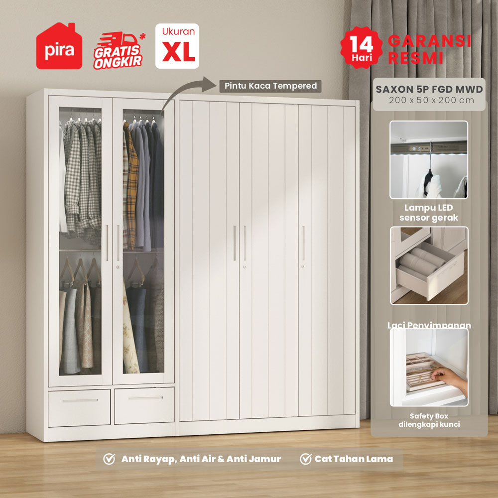 PIRA - SAXON 5P FGD MWD LEMARI PAKAIAN BESI 5 PINTU DENGAN LACI DAN LED warna WHITE - PIRA - foto 1