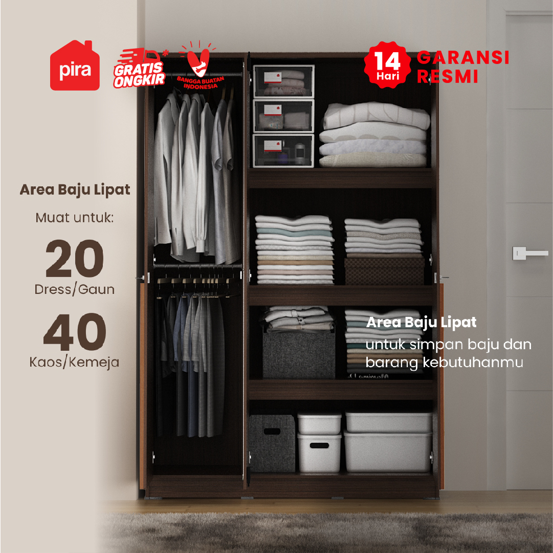 PIRA METROPOLIS -  YONA AVA 3PS LEMARI PAKAIAN 3 PINTU DENGAN LEBIH BANYAK RAK warna AMERICAN WALNUT - GOLD HAIRLINE - PIRA METROPOLIS - foto 2