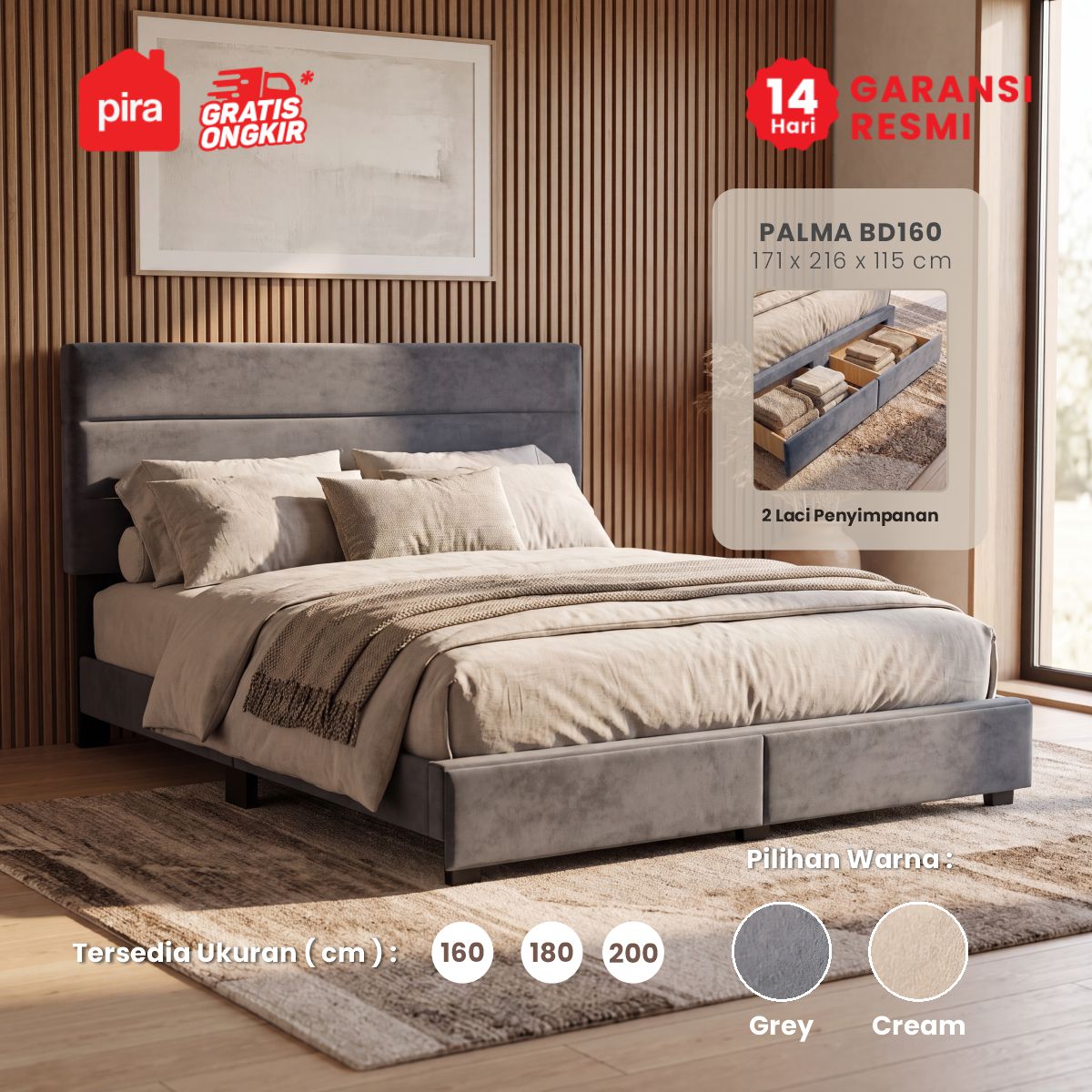 PIRA - PALMA BD160 PLATFORM BED / DIPAN / DIPAN TEMPAT TIDUR / RANJANG KASUR / DIPAN DENGAN LACI PENYIMPANAN warna GREY - foto 1