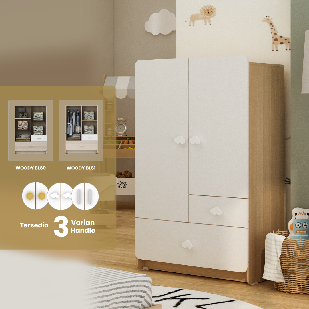 PIRA KIDS - WOODY BL81 CL LEMARI PAKAIAN ANAK 2 PINTU DENGAN GANTUNGAN warna PRO OAK - WHITE MARBLE - PIRA KIDS - foto 1