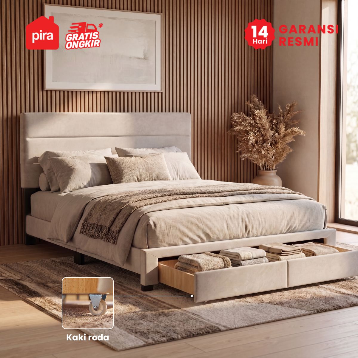 PIRA - PALMA BD200 PLATFORM BED / DIPAN / DIPAN TEMPAT TIDUR / RANJANG KASUR / DIPAN DENGAN LACI PENYIMPANAN warna CREAM - PIRA - foto 2