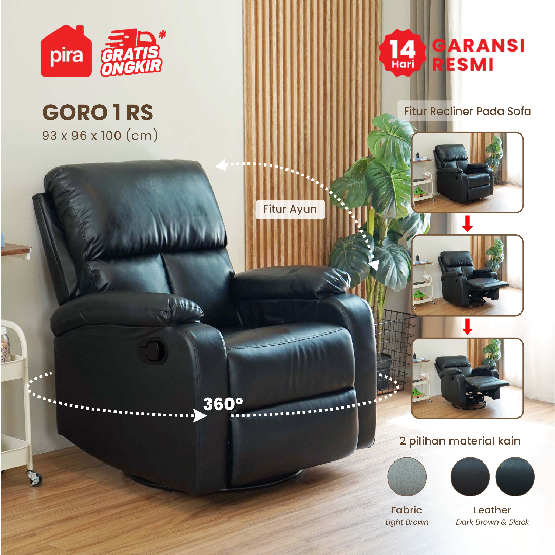 PIRA - GORO 1 RS SOFA / SOFA RECLINER / SOFA RECLINER 1 SEATER DENGAN FITUR ROCKING (AYUN) DAN SWIVEL warna BLACK - PIRA - foto 1
