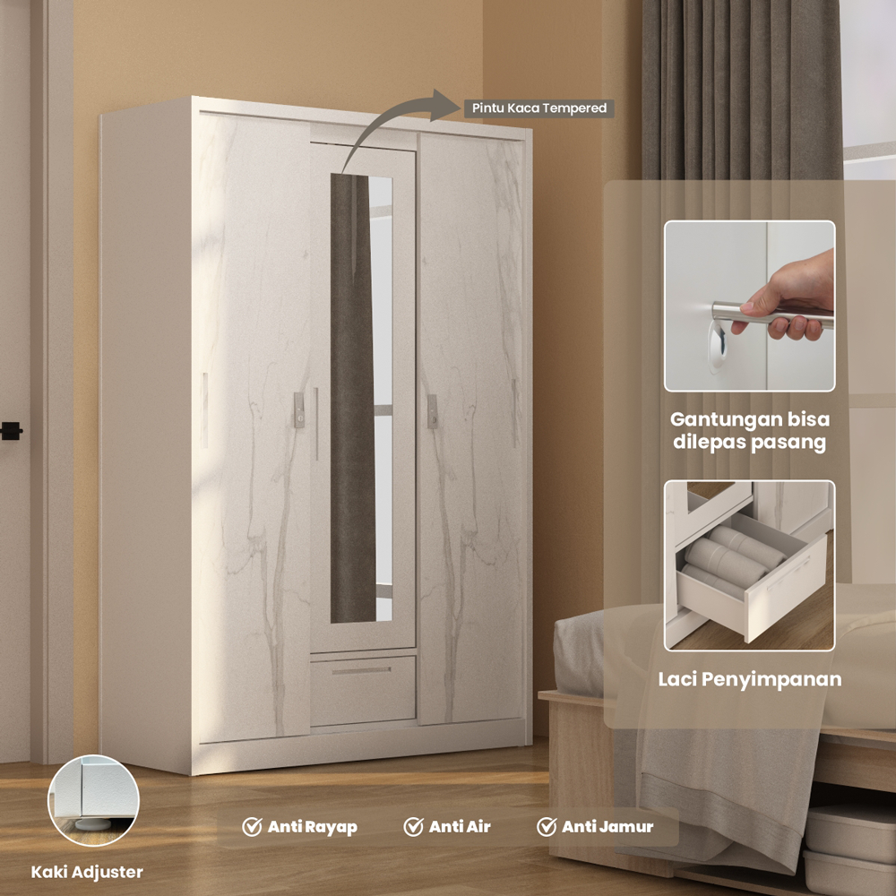 PIRA - CATTA A 3A SSL MWD LEMARI PAKAIAN BESI 3 PINTU warna WHITE - PIRA - foto 2