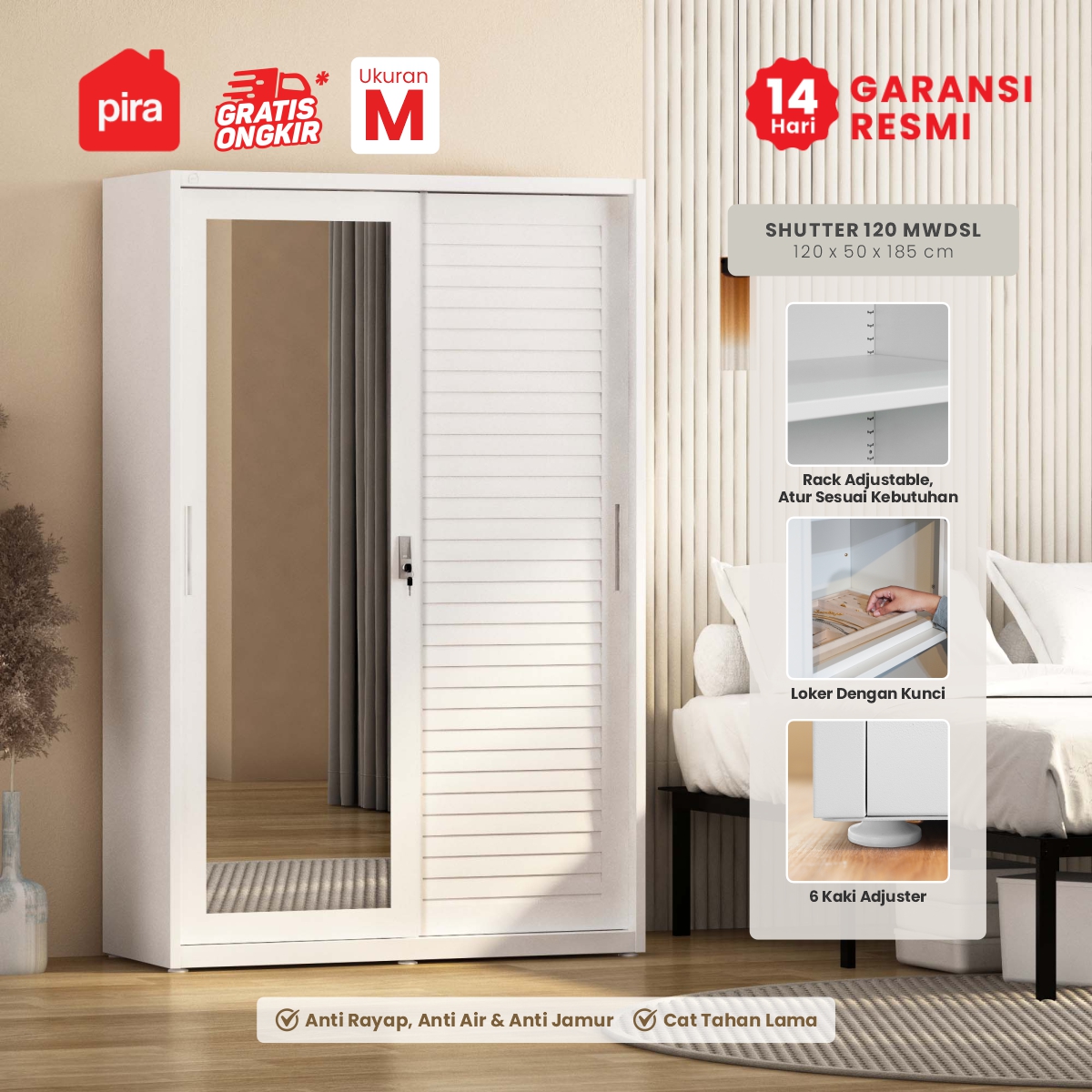 PIRA -  SHUTTER 120 MWDSL LEMARI PAKAIAN BESI SLIDING / PINTU GESER DENGAN RAK ADJUSTABLE warna WHITE - PIRA - foto 1
