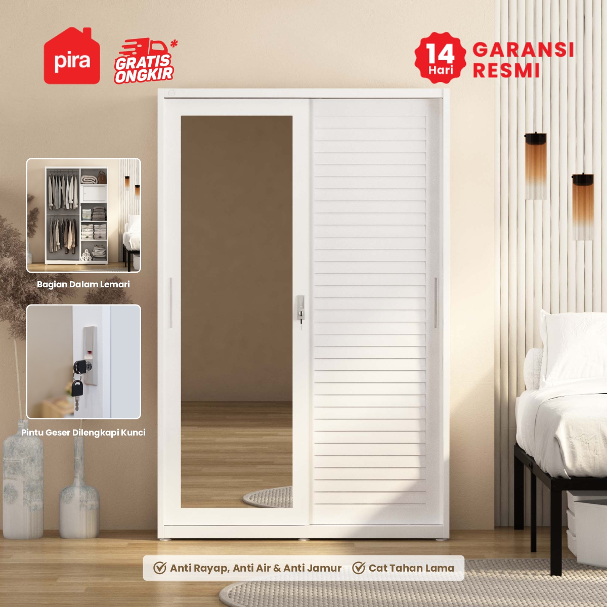 PIRA -  SHUTTER 120 MWDSL LEMARI PAKAIAN BESI SLIDING / PINTU GESER DENGAN RAK ADJUSTABLE warna WHITE - PIRA - foto 2