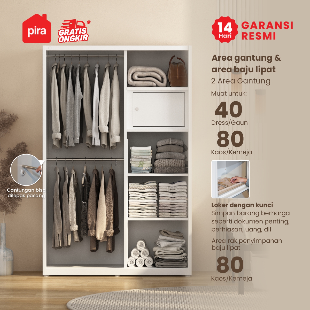 PIRA -  SHUTTER 120 MWDSL LEMARI PAKAIAN BESI SLIDING / PINTU GESER DENGAN RAK ADJUSTABLE warna WHITE - PIRA - foto 3