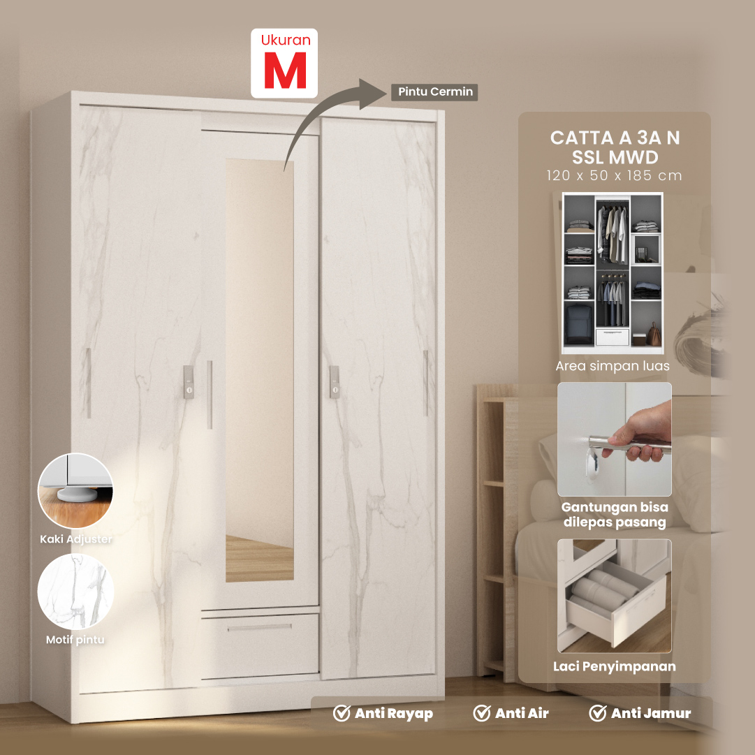 PIRA - CATTA A 3A SSL MWD LEMARI PAKAIAN BESI 3 PINTU warna WHITE - PIRA - foto 1