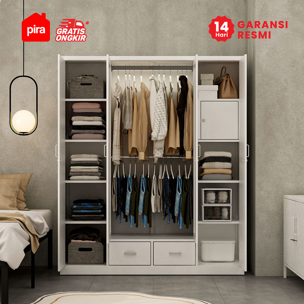 PIRA - LINIO 4P FGD MWD LEMARI PAKAIAN BESI 4 PINTU DENGAN LACI DAN LED warna WHITE - PIRA - foto 3