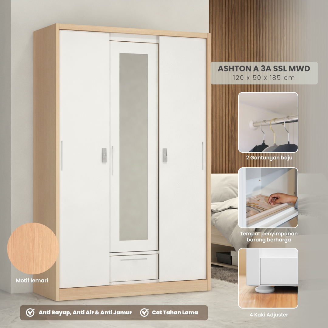 PIRA - ASHTON A 3A N SSL MWD LEMARI PAKAIAN BESI 3 PINTU SLIDING / PINTU GESER warna LIGHT ASH - WHITE - PIRA - foto 15