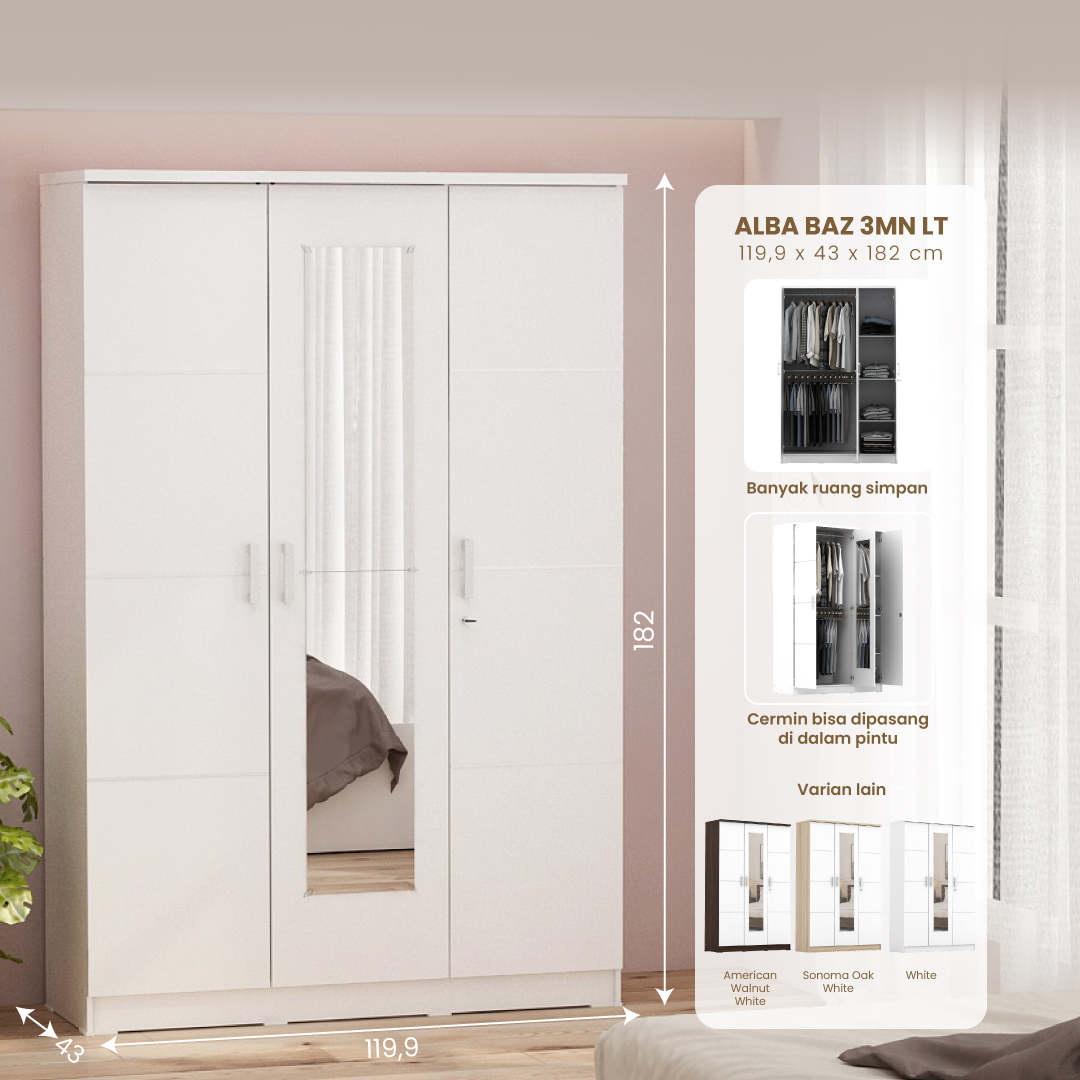 PIRA METROPOLIS - ALBA BAZ 3MN LT LEMARI PAKAIAN 3 PINTU warna WHITE - METROPOLIS - foto 1