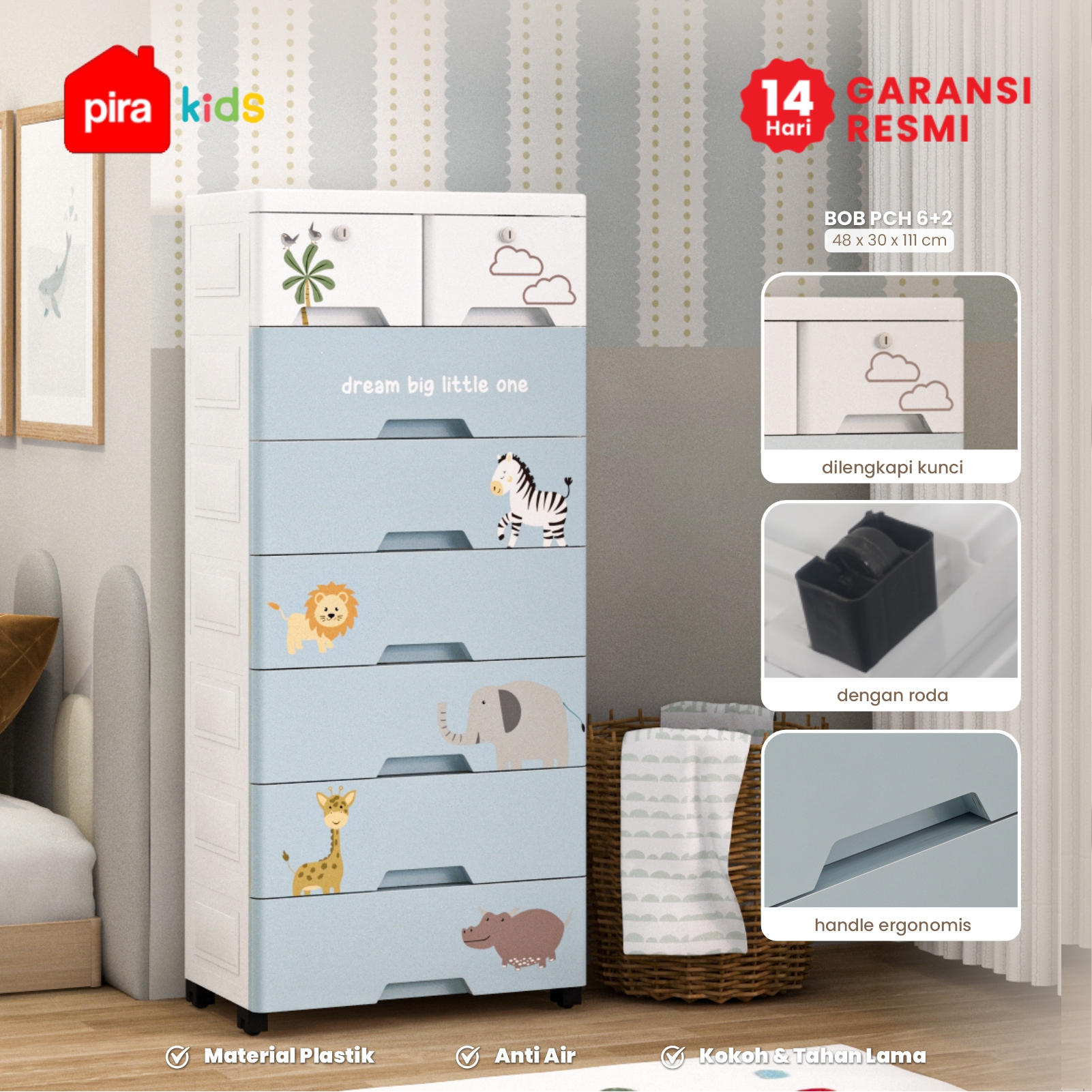 PIRA KIDS -  BOB PCH6+2 LEMARI LACI PLASTIK / LEMARI PLASTIK / DRAWER PLASTIK / LEMARI BAYI / LEMARI PAKAIAN ANAK warna BLUE - PIRA KIDS - foto 1