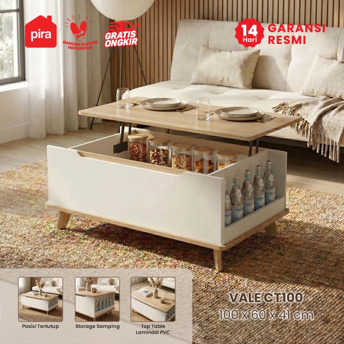 PIRA - VALE CT100 MEJA TAMU / MEJA RUANG TAMU / MEJA TAMU DENGAN FITUR LIFT UP warna WHITE SM - PRO OAK - PIRA - foto 1