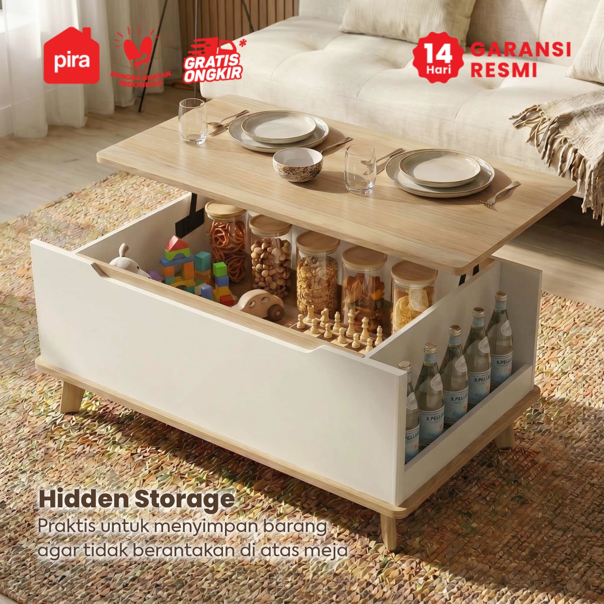 PIRA - VALE CT100 MEJA TAMU / MEJA RUANG TAMU / MEJA TAMU DENGAN FITUR LIFT UP warna WHITE SM - PRO OAK - PIRA - foto 3
