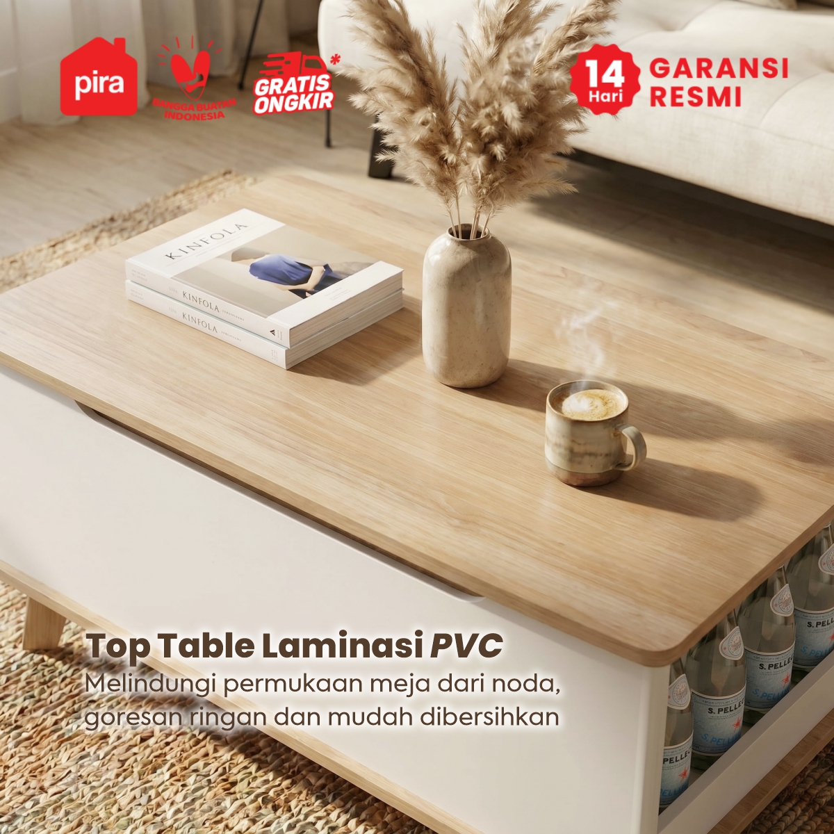 PIRA - VALE CT100 MEJA TAMU / MEJA RUANG TAMU / MEJA TAMU DENGAN FITUR LIFT UP warna WHITE SM - PRO OAK - PIRA - foto 2