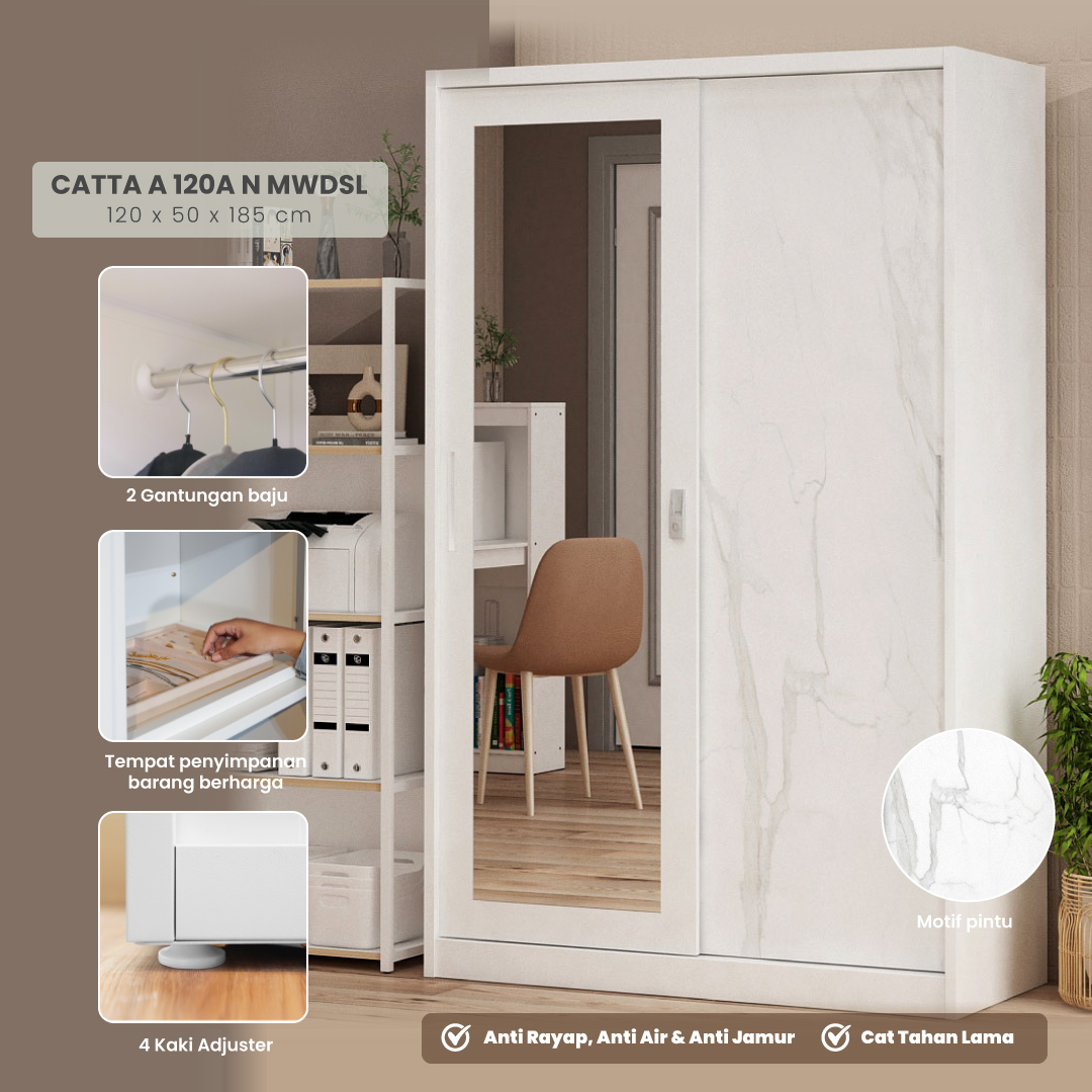 PIRA - CATTA A 120A N MWDSL LEMARI PAKAIAN BESI SLIDING / PINTU GESER warna LIGHT MARBLE - WHITE - PIRA - foto 1