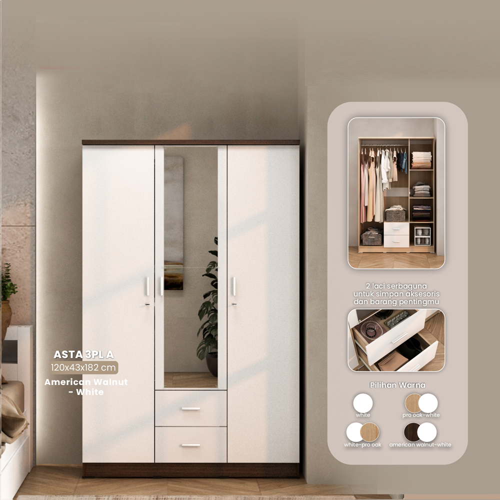 PIRA METROPOLIS OX -  ASTA 3PL A LEMARI PAKAIAN 3 PINTU warna AMERICAN WALNUT - WHITE - PIRA METROPOLIS - foto 1