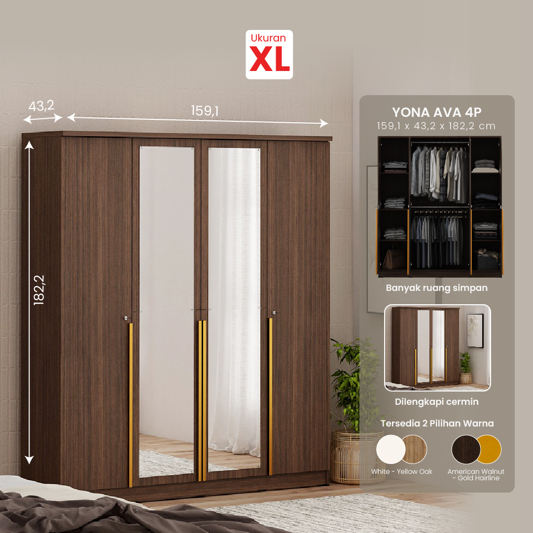 PIRA METROPOLIS - YONA 4P LEMARI PAKAIAN 4 PINTU warna AMERICAN WALNUT - GOLD HAIRLINE - PIRA METROPOLIS - foto 1