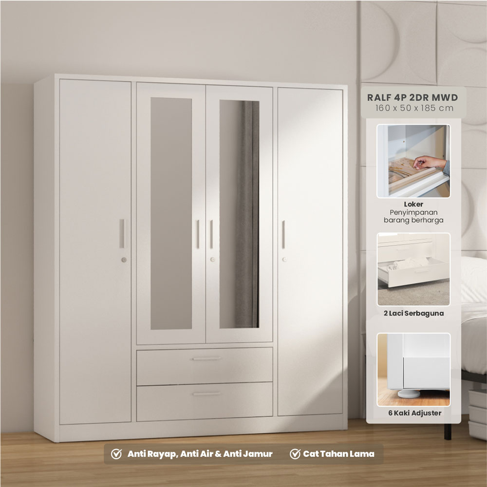PIRA -  RALF 4P 2DR MWD LEMARI PAKAIAN BESI 4 PINTU DENGAN CERMIN DAN 2 LACI warna WHITE - PIRA - foto 1