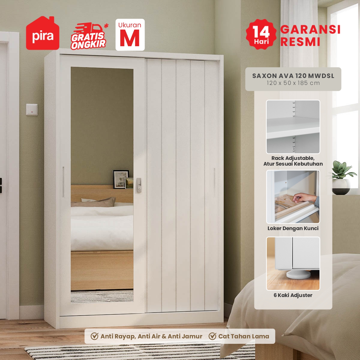 PIRA - SAXON AVA 120 MWDSL LEMARI PAKAIAN BESI SLIDING / PINTU GESER warna WHITE - PIRA - foto 1