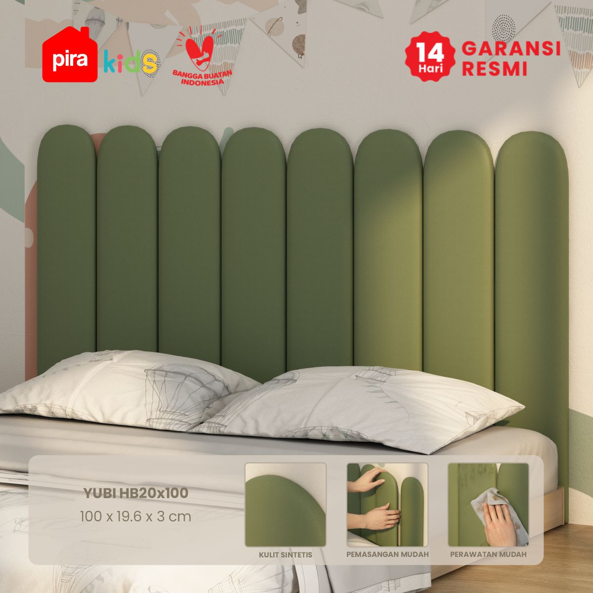 PIRA KIDS - YUBI HB20X100 HEADBOARD KASUR / WALL PANEL 3D / WALLPAPER FOAM 3D / SANDARAN BERMAIN ANAK 1 PCS warna GREEN - PIRA KIDS - foto 1