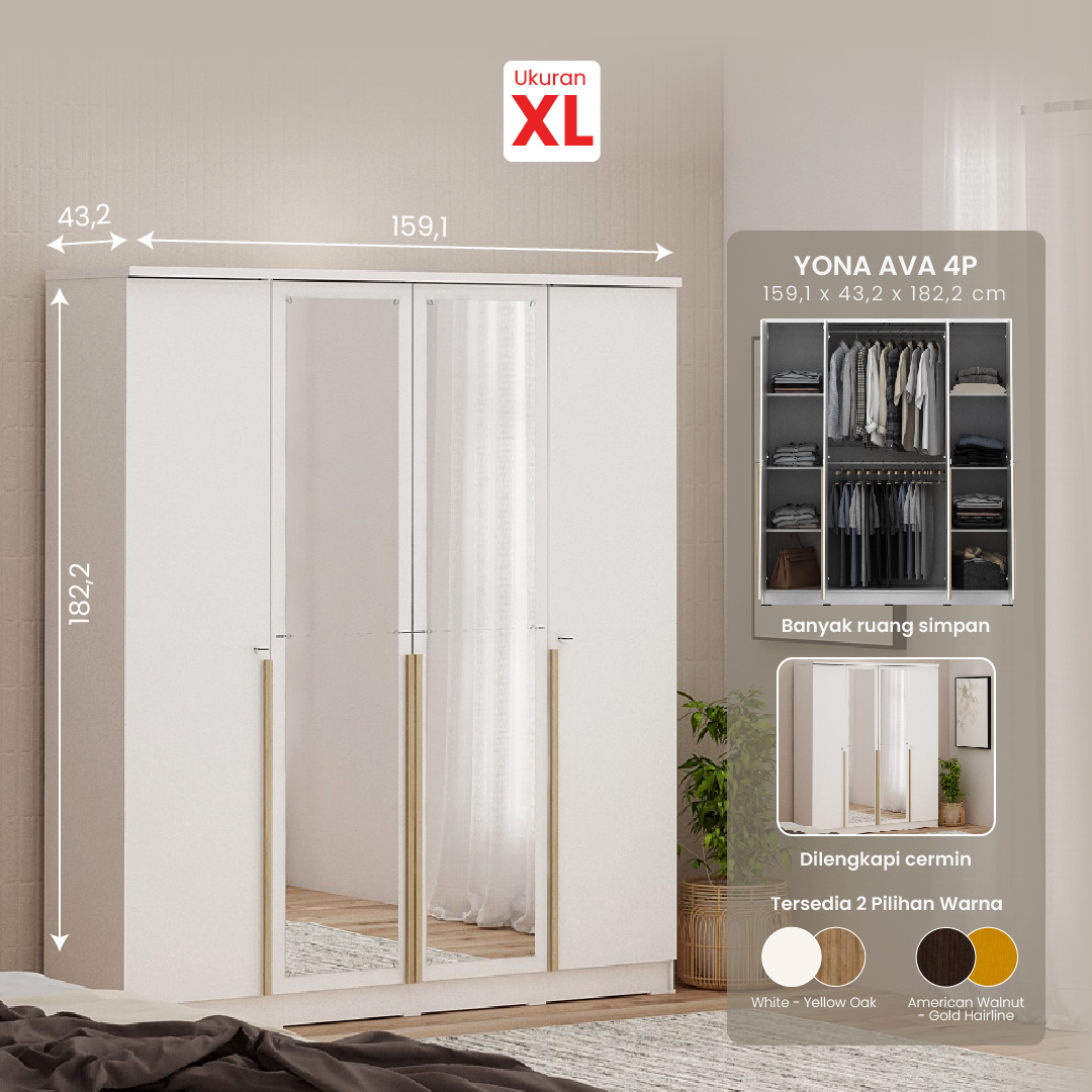 PIRA METROPOLIS - YONA 4P LEMARI PAKAIAN 4 PINTU warna WHITE - YELLOW OAK - PIRA METROPOLIS - foto 1